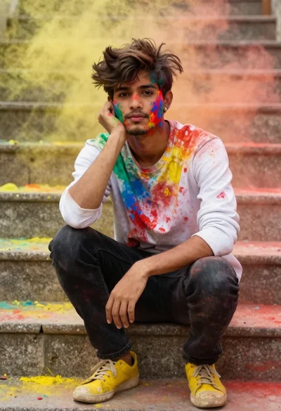 Young man with dark hair covered in colored powder on stone steps