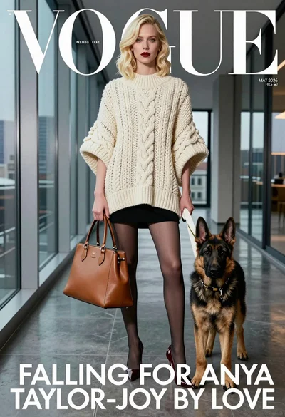 High fashion magazine cover blonde woman with dog in modern glass hallway