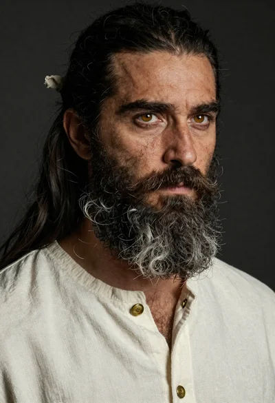 Cinematic portrait of rugged man with amber eyes