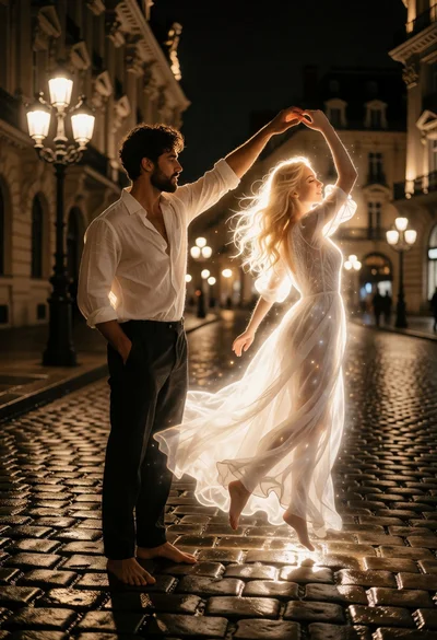 Couple dancing on wet cobblestone street at night with ethereal glow