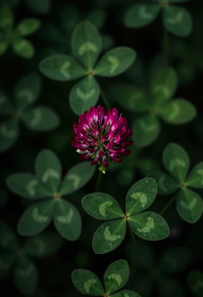Close up view of vibrant magenta clover flowers in dense green foliage