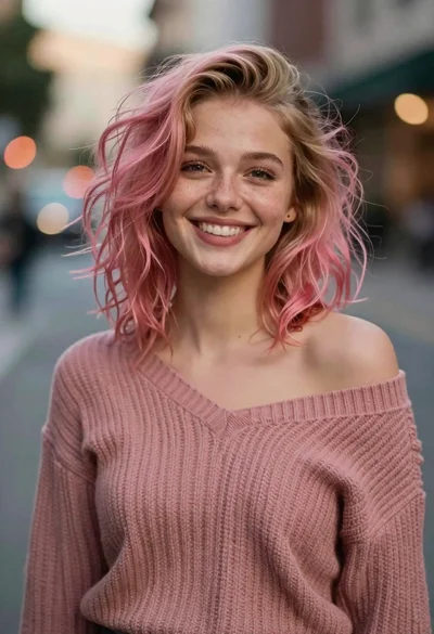 Smiling woman with pink and blonde hair in dusty rose sweater