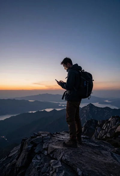 Hiker on mountain peak looking at smartphone during twilight hours