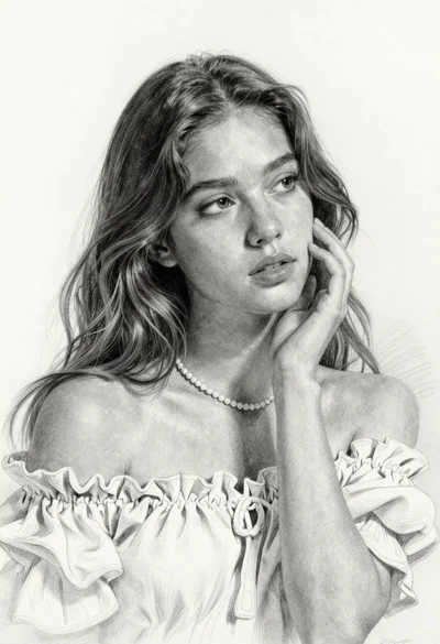 Detailed pencil sketch of young woman touching cheek in white void