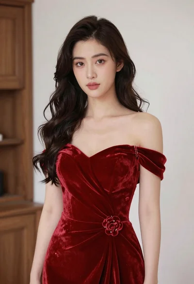 Young woman in red velvet gown standing indoors against white wall