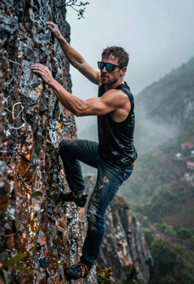 Muscular man climbing steep cliff face during heavy pouring rain