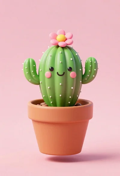 Cute cartoon cactus character in terracotta pot floating against pink background