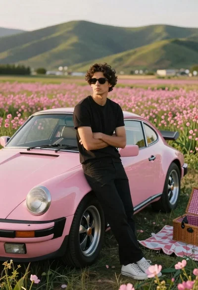 Young man leaning on pink sports car in wildflower meadow at golden