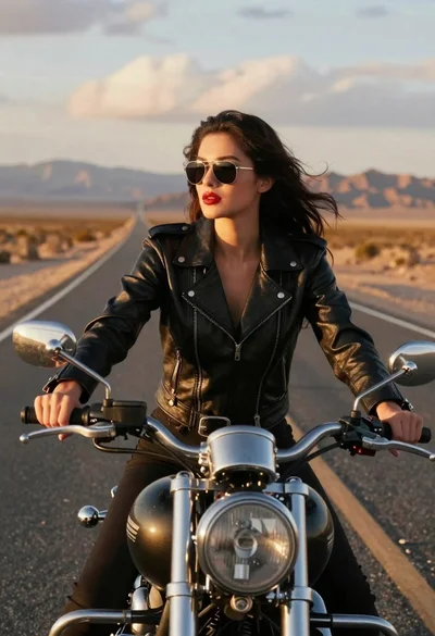 Woman on motorcycle riding down desert highway at golden hour