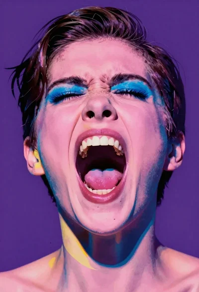 Pop art portrait of screaming person against purple background