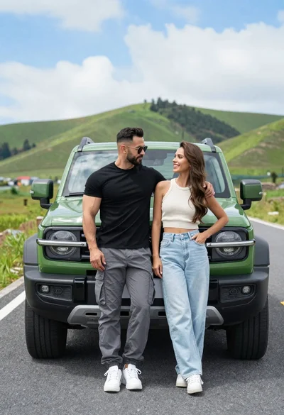 Stylish couple standing confidently in front of green suv on open road