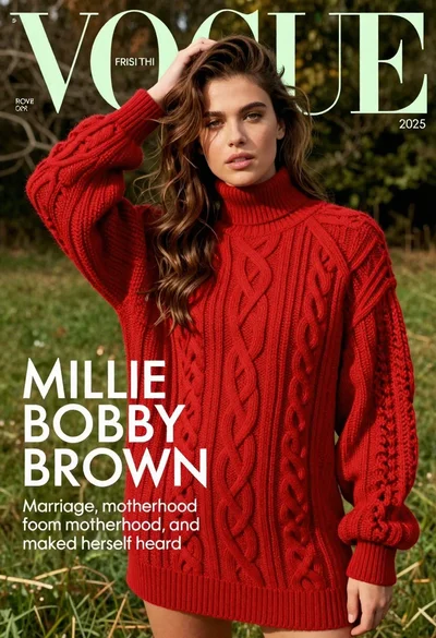Young woman in red sweater dress standing in grassy field fashion shoot