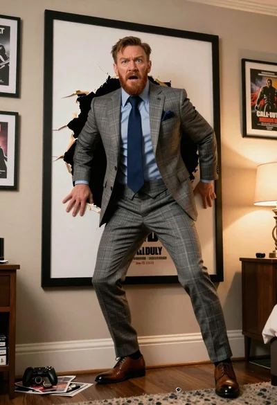 Fair skinned man in grey plaid suit bursts through wall poster indoors