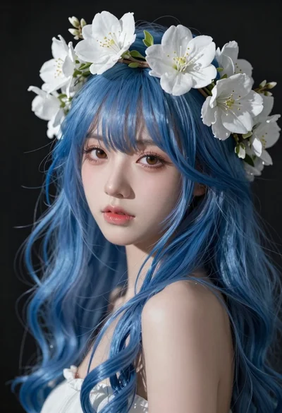 Digital portrait of woman with blue hair and flowers