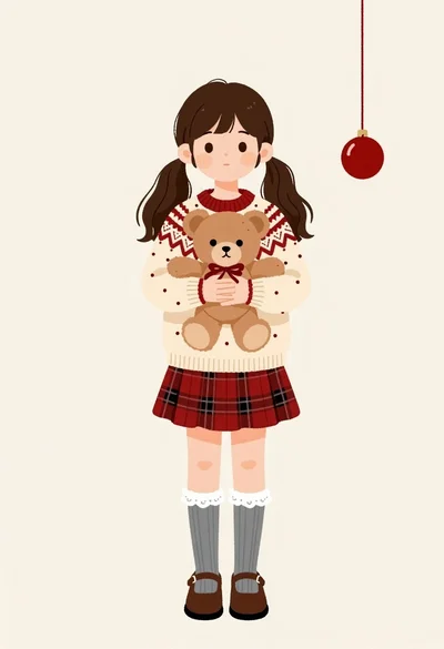 Full body illustration of young girl with pigtails holding teddy bear