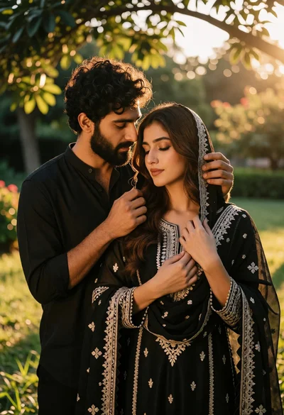 Romantic portrait of couple embracing in sunlit garden at golden hour