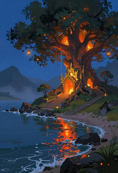 Mystical fantasy landscape at twilight shoreline
