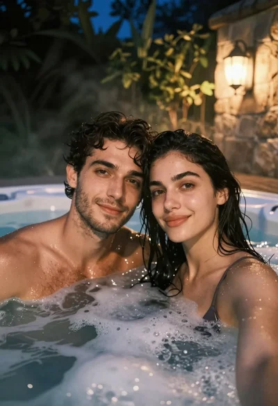 Young couple taking a close up selfie in a bubbling hot tub