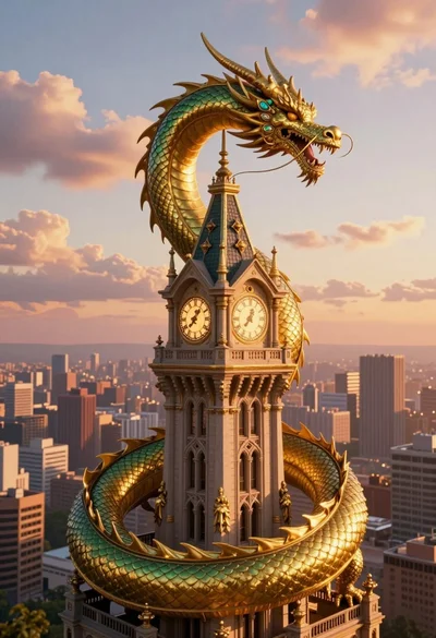 Majestic golden dragon coiling around a towering victorian clock tower at sunset