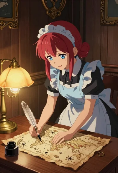 Anime maid writing on an old map under a desk lamp