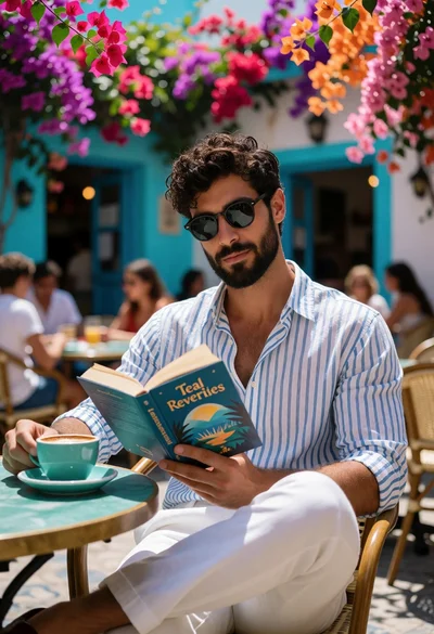 Handsome man reading book at outdoor cafe patio surrounded by colorful bougainvillea