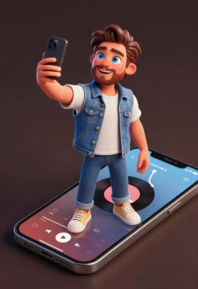 Cheerful young man taking selfie while standing on giant smartphone screen