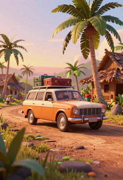 Vintage orange station wagon loaded with luggage parked on dirt path in