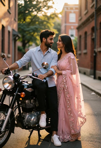 Romantic couple posing near black motorcycle in brick alleyway at golden hour