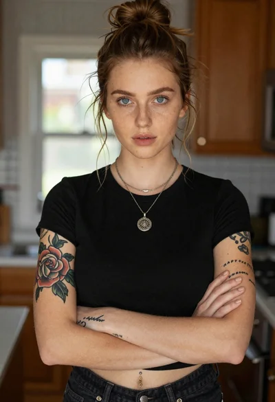 Portrait of woman with blue eyes and freckles indoors