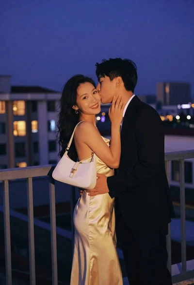 Romantic couple embracing on a rooftop balcony at twilight