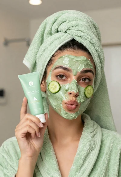 Woman in light green bathrobe holding cucumber face mask tube