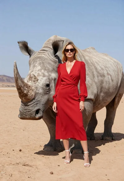 Woman standing with rhinoceros in a desert landscape