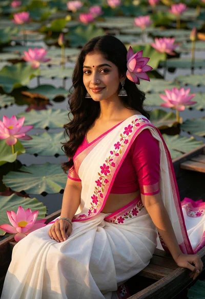 Woman in white saree seated in wooden boat on lotus pond at