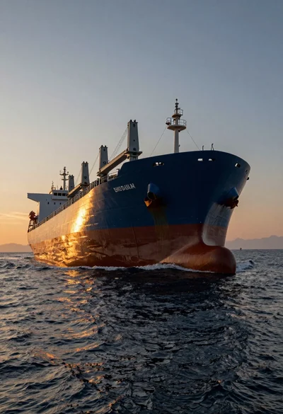 Massive cargo ship sailing on rippling ocean water during dramatic sunset