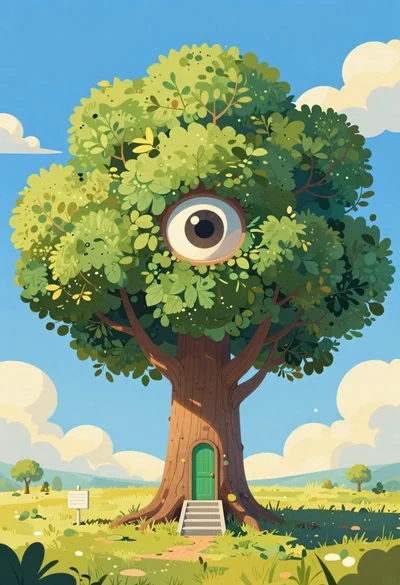 Cartoon surreal treehouse with giant eye and green door