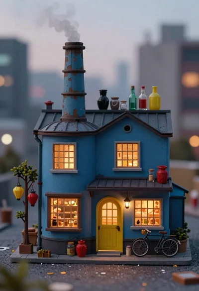 Whimsical miniature factory diorama at dusk