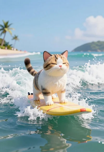 Cat surfing on yellow board in tropical ocean waves