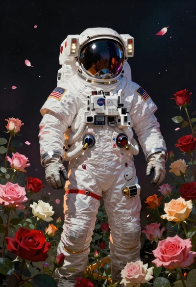 Astronaut surrounded by vibrant red and pink roses