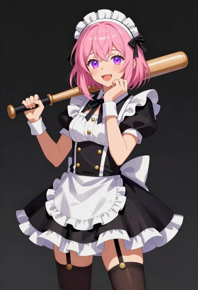 Anime woman in maid outfit holding wooden baseball bat