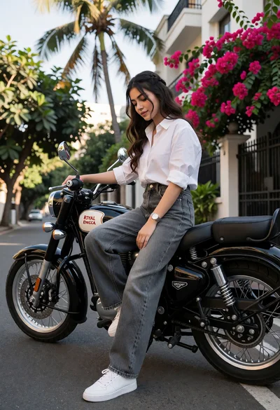 Young woman sitting casually on black motorcycle on an urban street