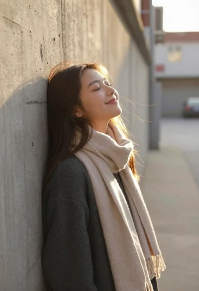 Smiling teenage girl leaning in urban alleyway at golden hour