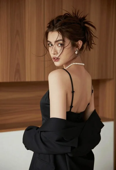 Young woman looking back over shoulder in black dress indoors