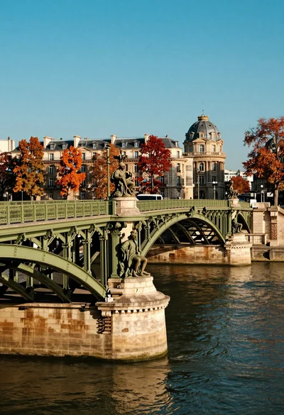 Majestic iron bridge spanning river with parisian architecture and autumn foliage
