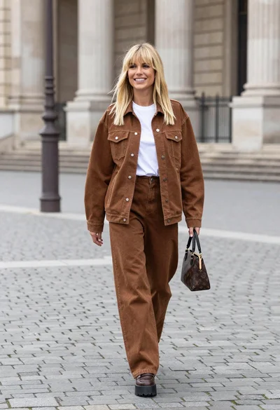 Blonde woman in denim set walking through classical stone courtyard plaza