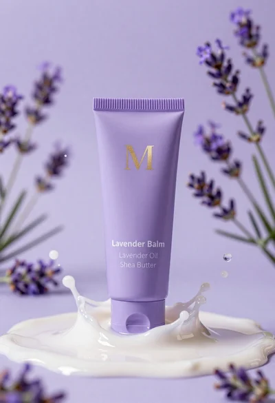 Lavender balm squeeze tube in cream surrounded by liquid splashes
