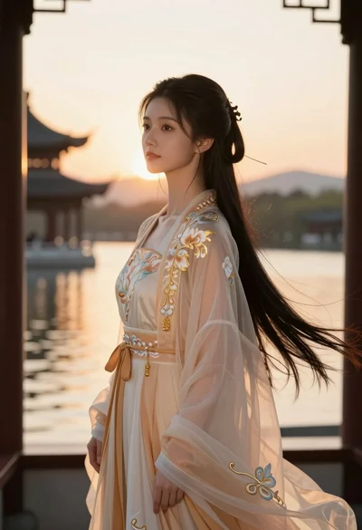 Young woman in traditional chinese gown on balcony at golden hour sunset