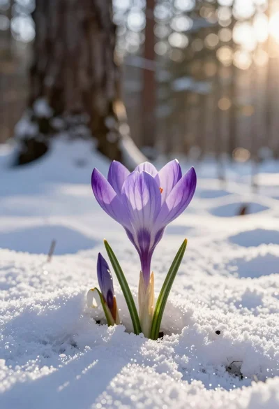 Purple crocus flower emerging from deep snow at sunrise