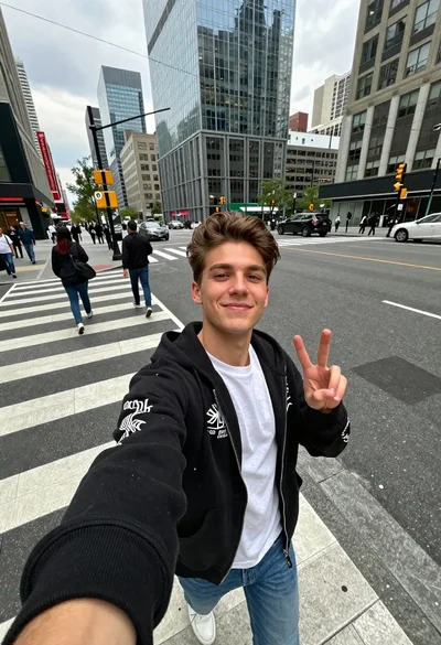 Young man taking selfie in busy city crosswalk with peace sign