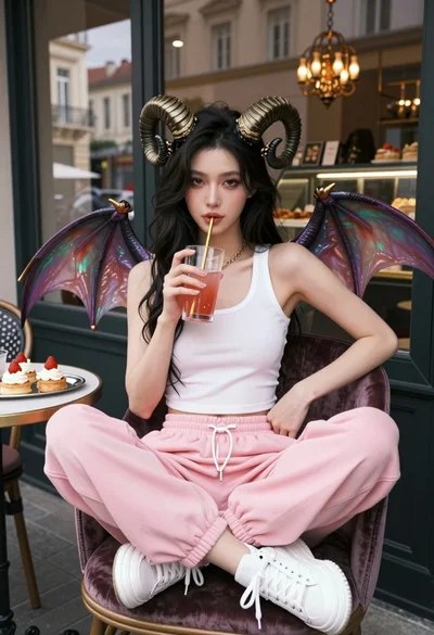 Fantasy woman with horns and wings sitting at outdoor cafe table