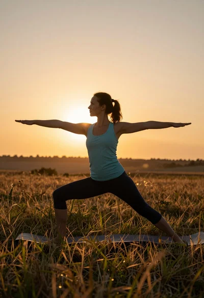 Fit woman performing warrior yoga pose on grassy field at sunset